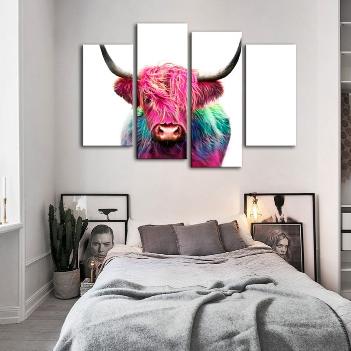 4 Piece Colorful Pink Cow - Canvas Wall Art Painting