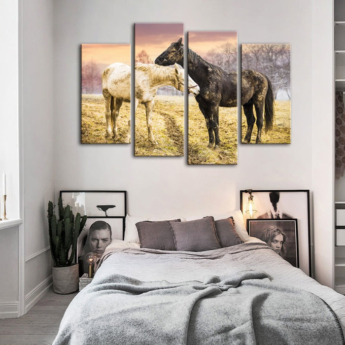 4 Piece Black & White Horses - Canvas Wall Art Painting