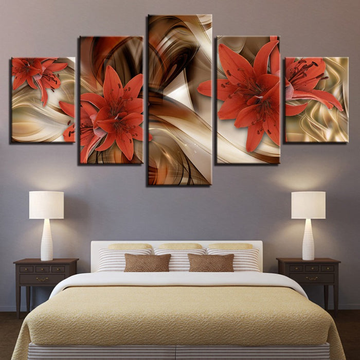 5 Piece Golden Background Red Flower - Canvas Wall Art Painting