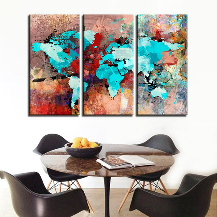 Beautiful Abstract Sea Blue & Red World Map-Canvas Wall Art Painting 3 Pieces