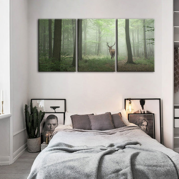 Misty Mystical Deer In The Woods-Canvas Wall Art Painting 3 Pieces