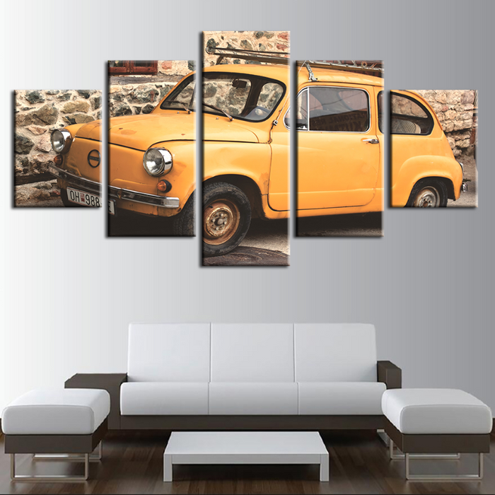 5 Piece Yellow Classic Vintage Car - Canvas Wall Art Painting