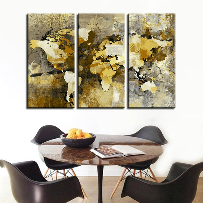 Beautiful Abstract Yellow Brown World Map-Canvas Wall Art Painting 3 Pieces