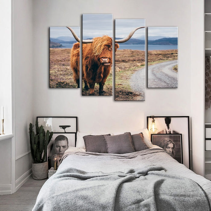 4 Piece Beautiful Brown Cow - Canvas Wall Art Painting