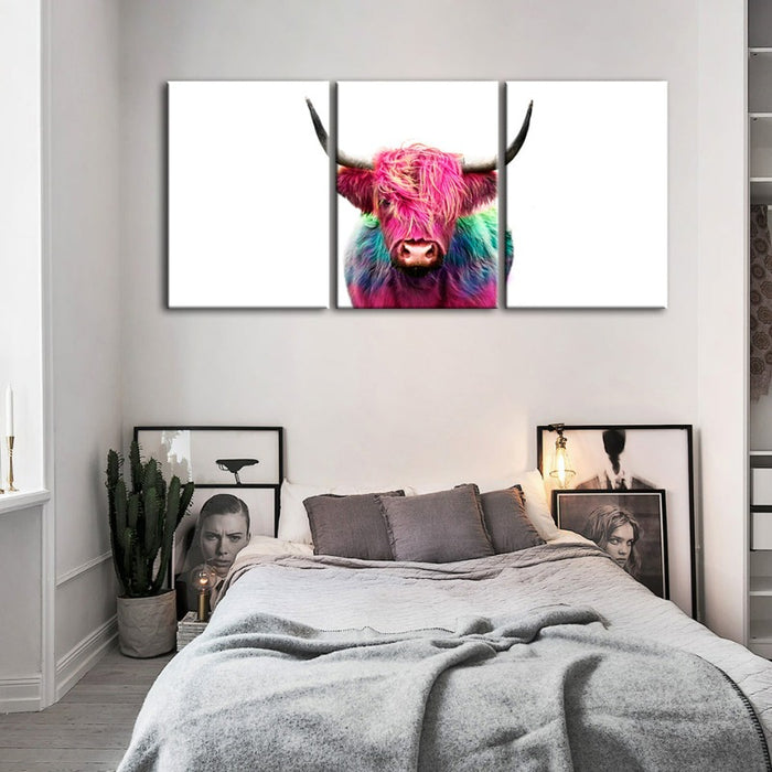 Colorful Pink Cow-Canvas Wall Art Painting 3 Pieces