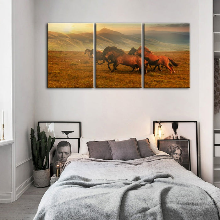 Running Horses With Beautiful Landscape-Canvas Wall Art Painting 3 Pieces