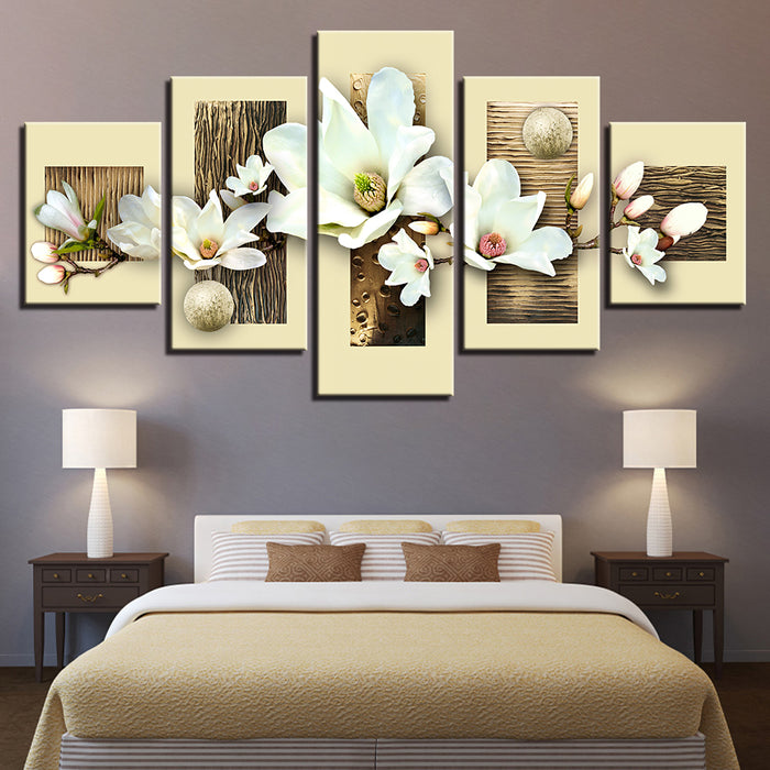 5 Piece Wooden Background White Flower - Canvas Wall Art Painting