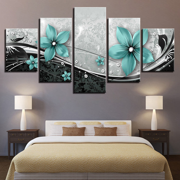 Ornate Blue Flowers 5 Piece - Canvas Wall Art Painting