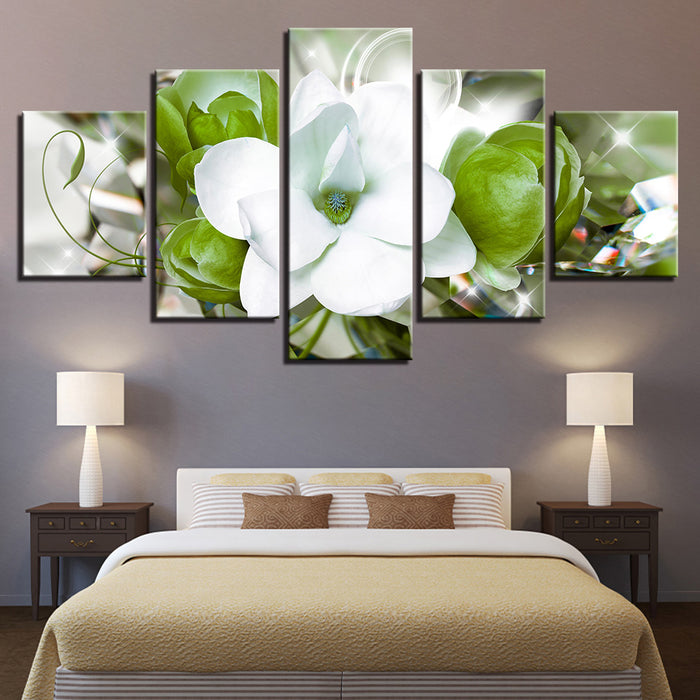 Delicate White and Green Flowers 5 Piece - Canvas Wall Art Painting