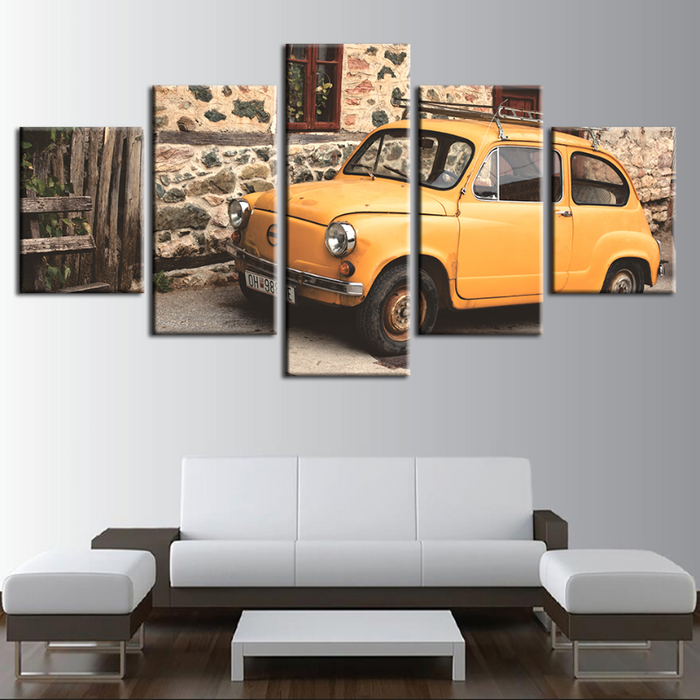 5 Pieces - Yellow Classic Vintage Car - Canvas Wall Art Painting