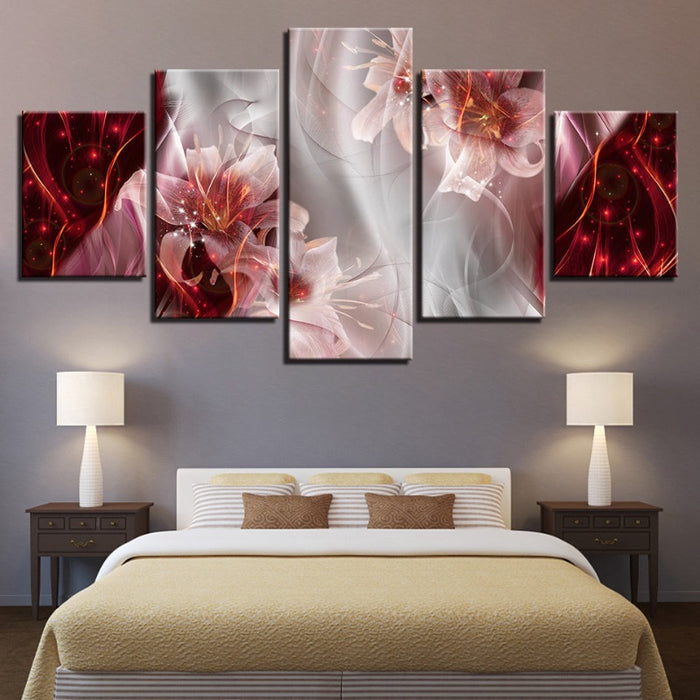 5 Piece Red White Ombre Background Pink Flower - Canvas Wall Art Painting