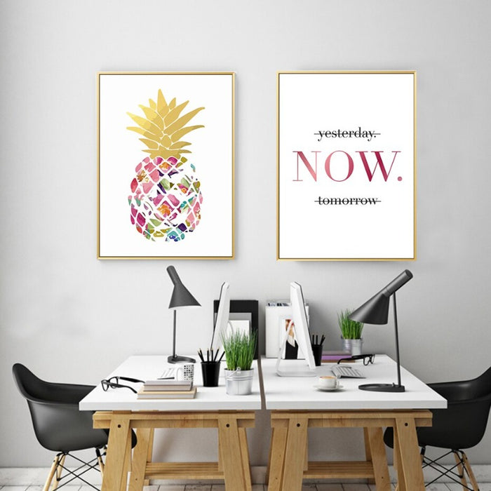 Modern Yellow Gold Pineapple Today Quotes - Canvas Wall Art Painting
