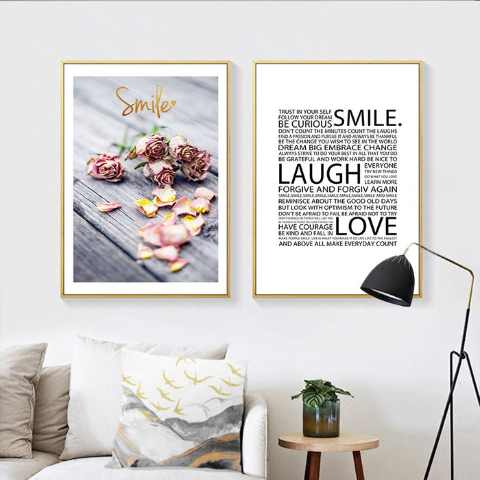 Romantic Flowers Smile Laugh Love Quote - Canvas Wall Art Painting