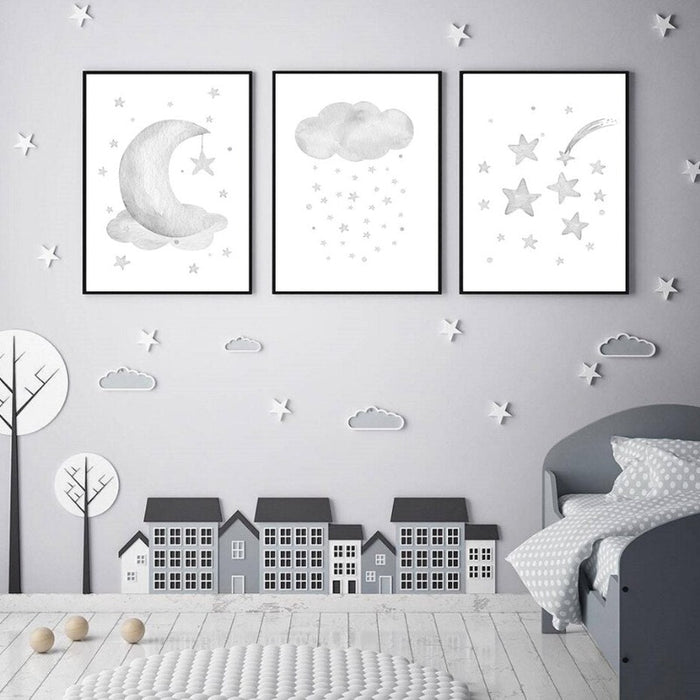 Grey Moon Stars Cloud Nursery - Canvas Wall Art Painting