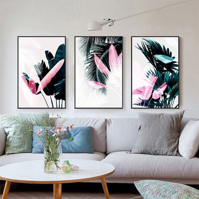 Modern Tropical Leaves Dark Green Nordic - Canvas Wall Art Painting