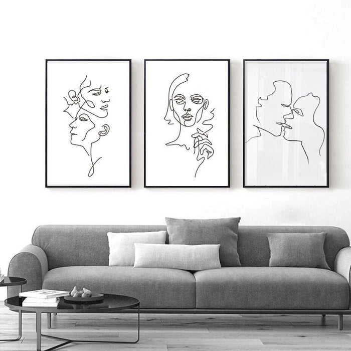 Abstract Love Kiss Black and White Line Poster - Canvas Wall Art Painting