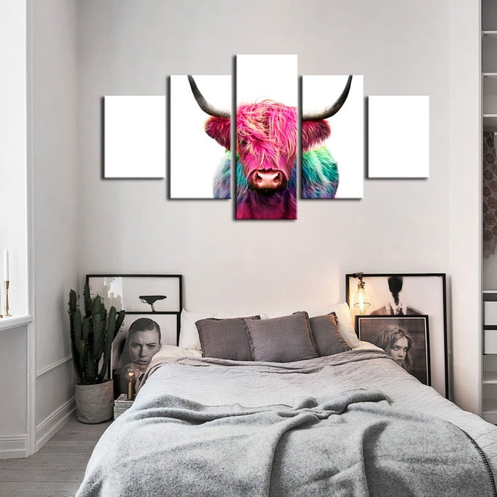 5 Piece Colorful Pink Cow - Canvas Wall Art Painting