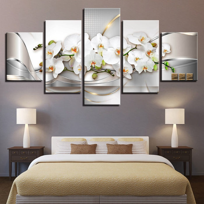 5 Piece Golden Hue White Flower - Canvas Wall Art Painting