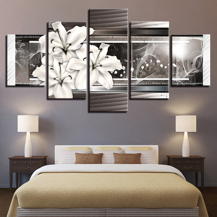 5 Piece White & Silver Flower - Canvas Wall Art Painting