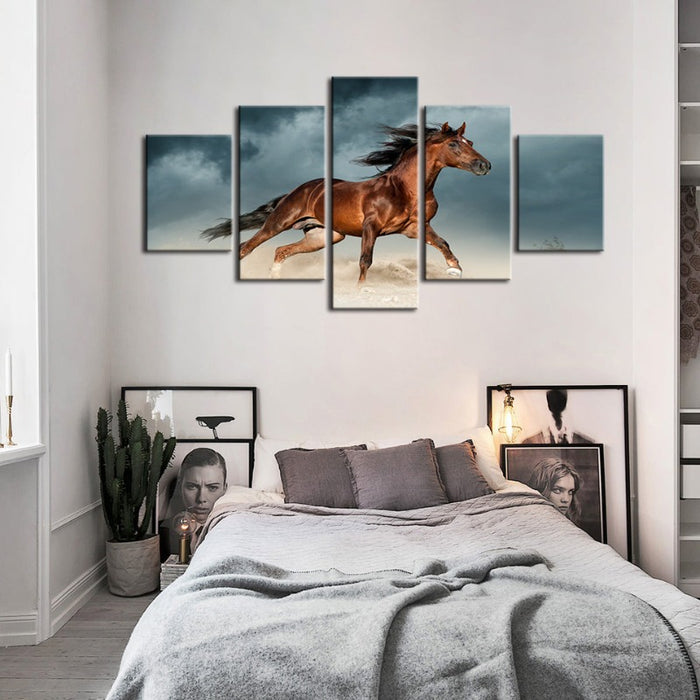 5 Piece Brown Horse in Desert - Canvas Wall Art Painting