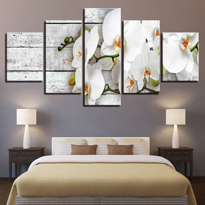 White Wood And Orchids 5 Piece - Canvas Wall Art Painting