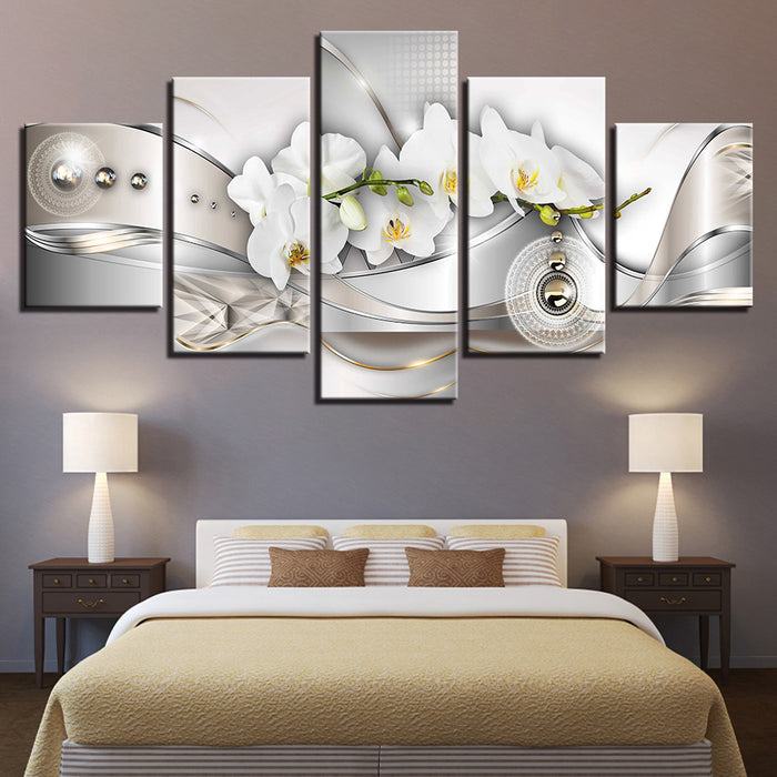 White Orchids And Metal Beads 5 Piece - Canvas Wall Art Painting