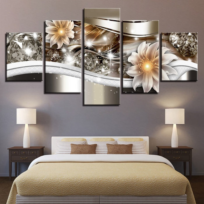 5 Piece Golden Glow Hue White Flower - Canvas Wall Art Painting