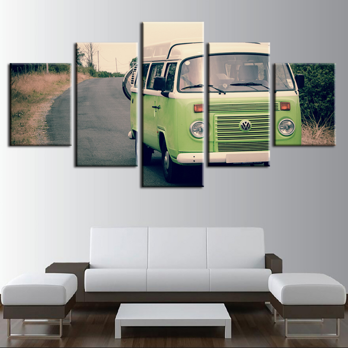 5 Piece Light Green Vintage Bus Car - Canvas Wall Art Painting