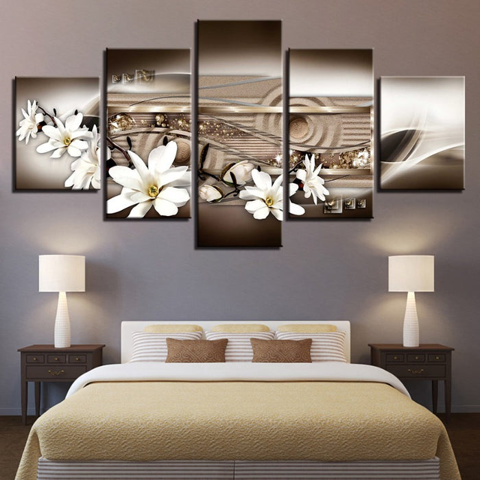 5 Piece Brown Metallic Background White Flower - Canvas Wall Art Painting