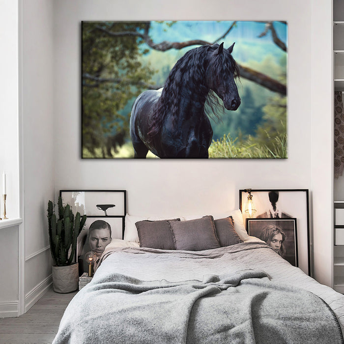 Black Horse In Forest - Canvas Wall Art Painting