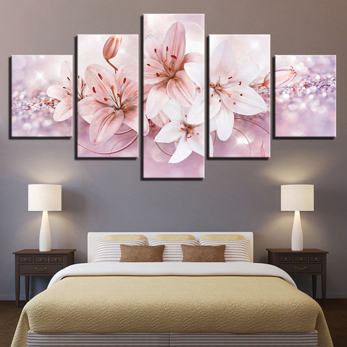 Glittering Soft Pink Flowers 5 Piece - Canvas Wall Art Painting