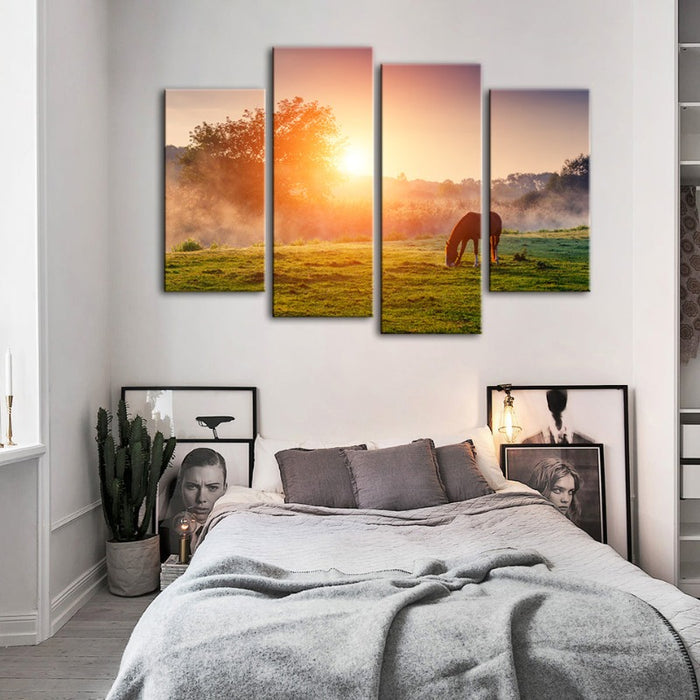 4 Piece Sunrise Grazing Horse - Canvas Wall Art Painting