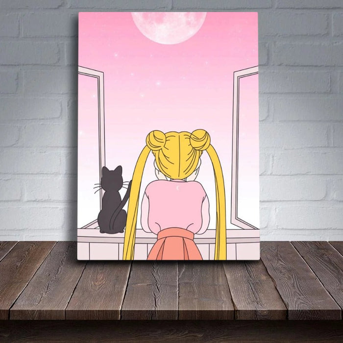 Girl And Her Moon Cat - Canvas Wall Art Painting