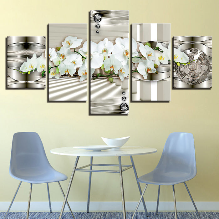 5 Piece White Metallic Background Flower - Canvas Wall Art Painting