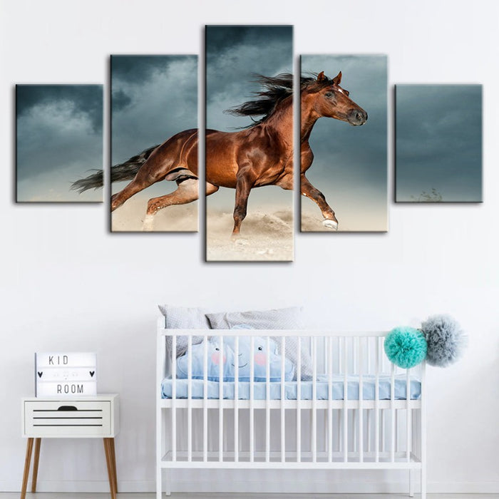 5 Piece Brown Horse in Desert - Canvas Wall Art Painting