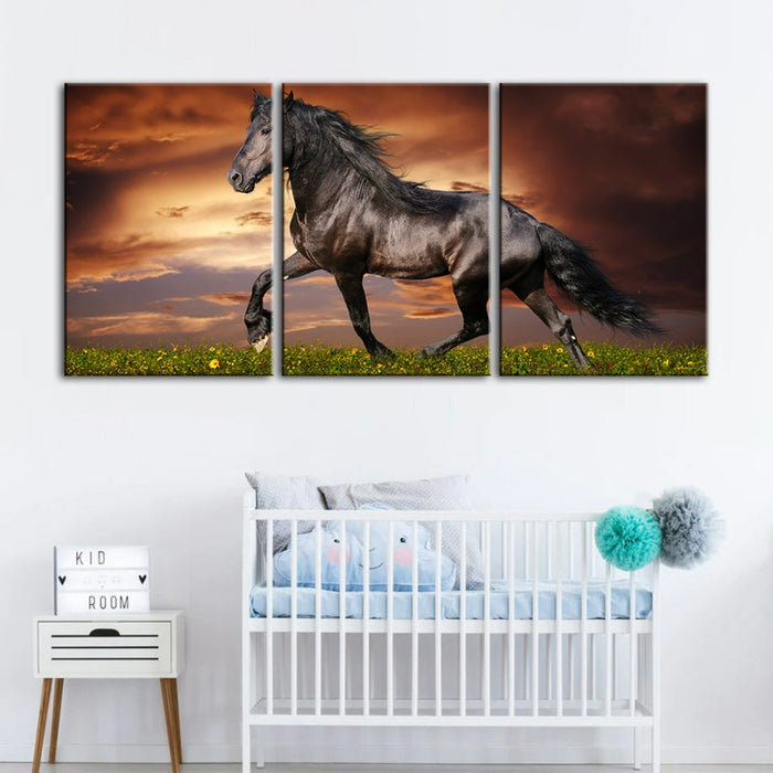 Running Black Horse-Canvas Wall Art Painting 3 Pieces