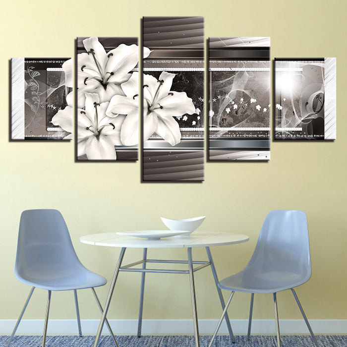 5 Piece White & Silver Flower - Canvas Wall Art Painting