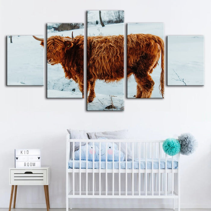 5 Piece Curly Haired Cow - Canvas Wall Art Painting