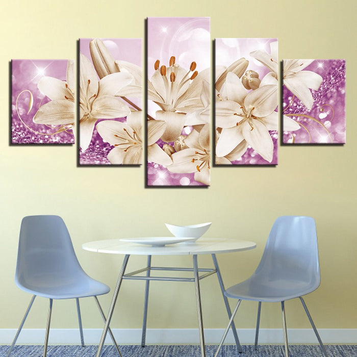 5 Piece Purple Background Rustic Flower - Canvas Wall Art Painting