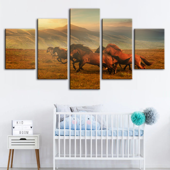 5 Piece Running Horses With Beautiful Landscape - Canvas Wall Art Painting
