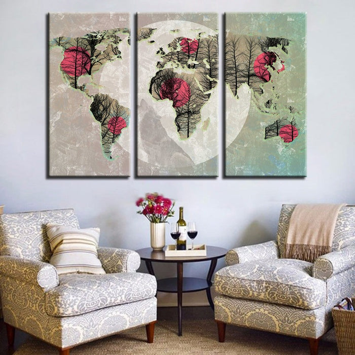 Beautiful Abstract Pink Sun World Map-Canvas Wall Art Painting 3 Pieces