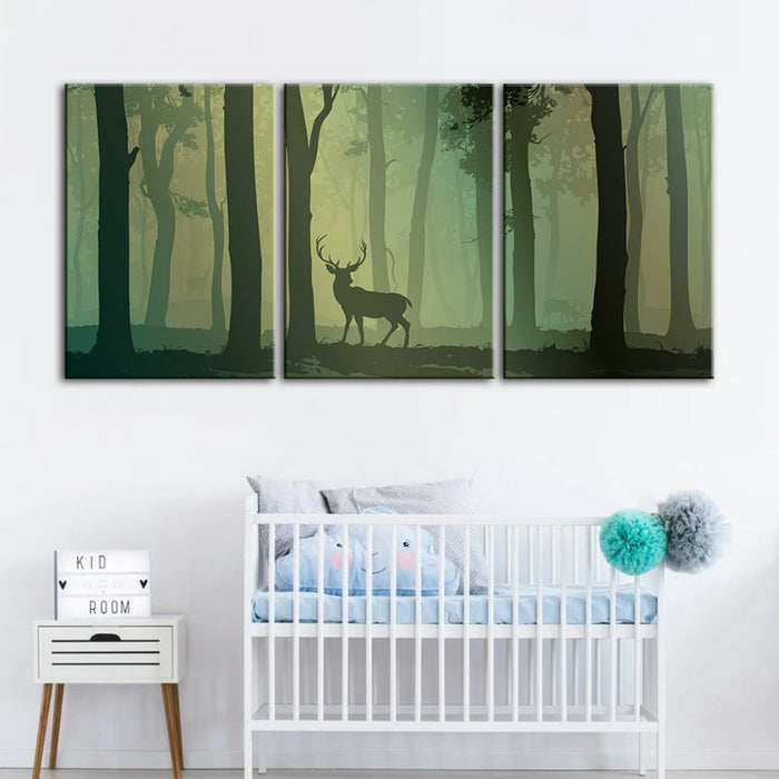 Enchanted Green Toned Silhouetted Deer-Canvas Wall Art Painting 3 Pieces