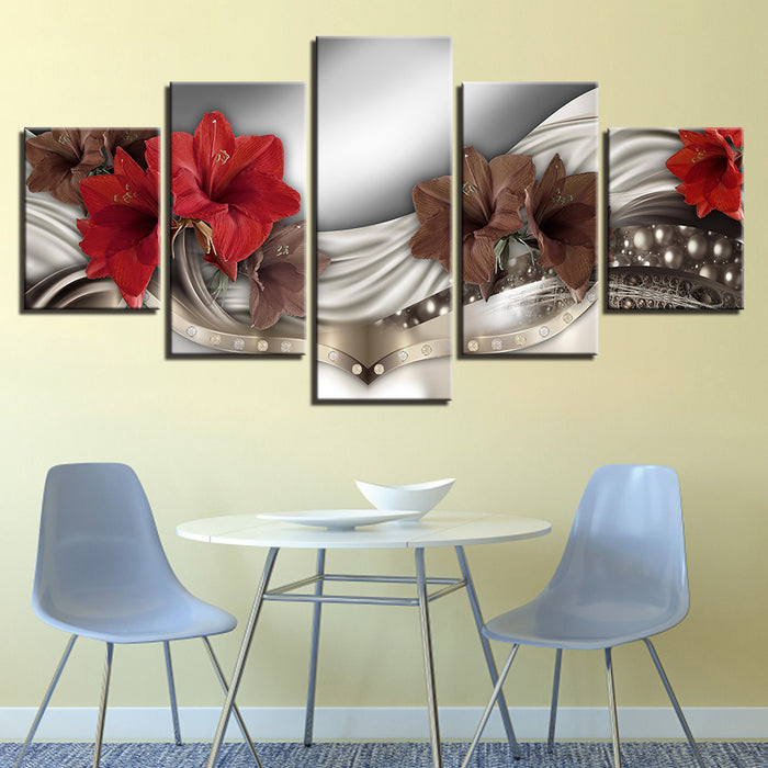 Rich Elegant Red Flowers 5 Piece - Canvas Wall Art Painting
