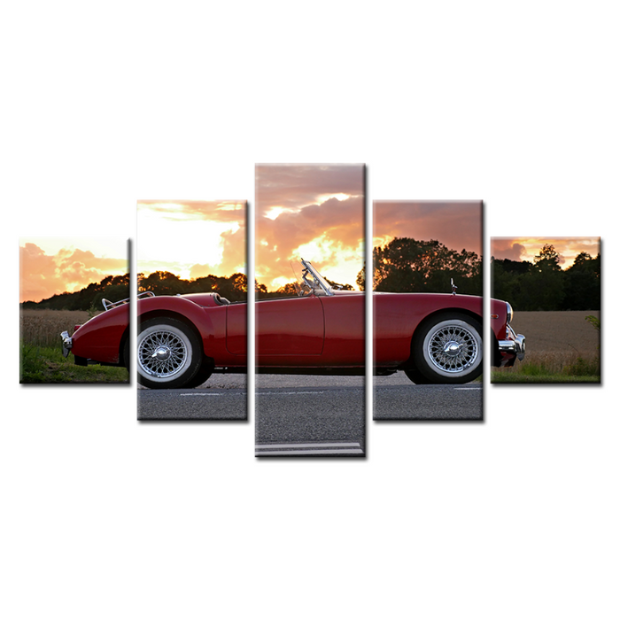 5 Pieces Sunrise - Classic Red Vintage Car - Canvas Wall Art Painting