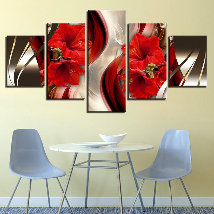 5 Piece Black Background Red Hibiscus Flower - Canvas Wall Art Painting