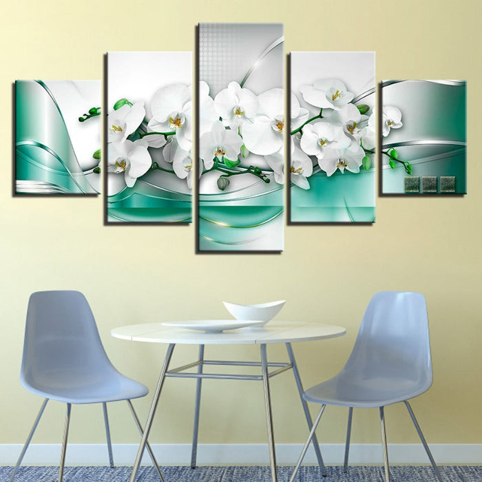 5 Piece Sea Green Background White Tulip Flower - Canvas Wall Art Painting