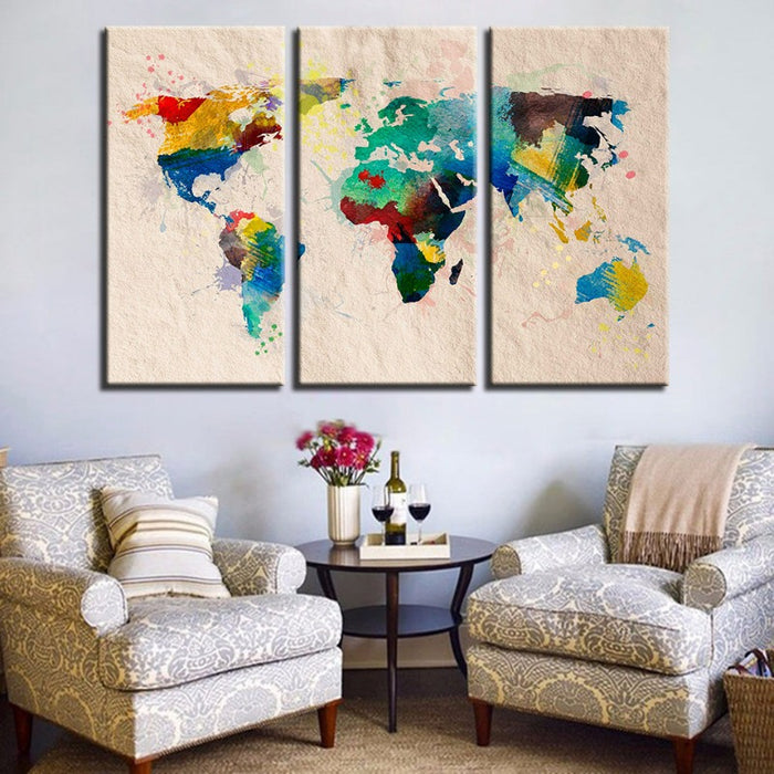 Beautiful Abstract Rainbow Color World Map-Canvas Wall Art Painting 3 Pieces
