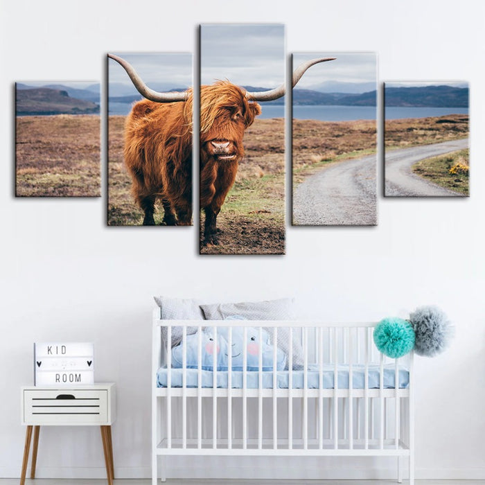 5 Piece Beautiful Brown Cow - Canvas Wall Art Painting