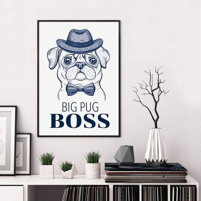 Pug Dog With Hat Bow Tie - Canvas Wall Art Painting