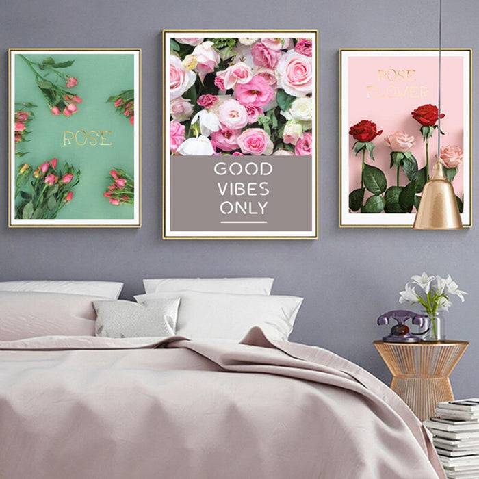 Modern Rose Floral Good Vibes Only - Canvas Wall Art Painting